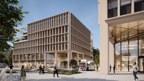 Artist's impression of two buildings with trees in front and people walking around