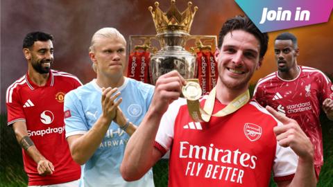 Bruno Fernandes, Erling Haaland, Declan Rice, Alexader Isak in front of the Premier League trophy. At the top right is a graphic that reads: Join In.