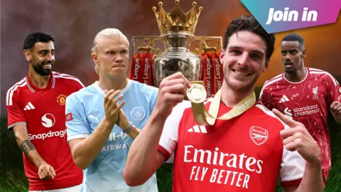 Bruno Fernandes, Erling Haaland, Declan Rice, Alexader Isak in front of the Premier League trophy. At the top right is a graphic that reads: Join In.