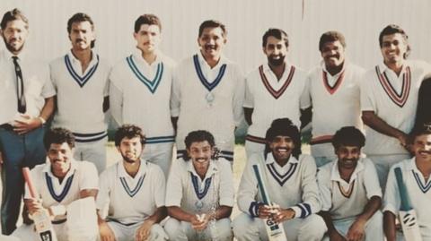 Pictured before playing for a South African Cricket Board XI are Hussein Manack (back row, second from right) and Faiek Davids (bottom row, first from left)