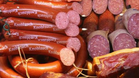 German sausages on display at an agricultural fair in Berlin