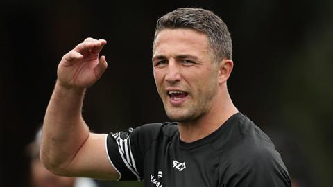 Sam Burgess in a training session as South Sydney Rabbitohs assistant coach