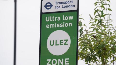 A sign designating an entry point for London's Ultra Low Emission Zone