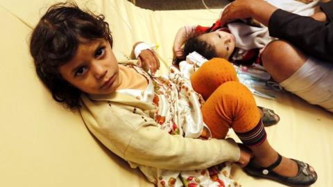 Children in Sanaa receiving treatment for cholera symptoms