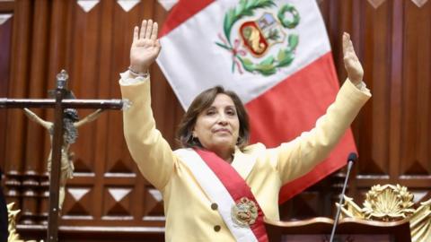 Peruvian Dina Boluarte greets members of the Congress after being sworn in as Peru's new leader after Congress removes President Pedro Castillo in Lima, Peru on December 07, 2022.