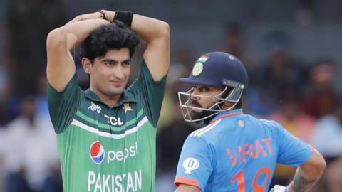 Naseem Shah of Pakistan reacts during the Asia Cup match against India