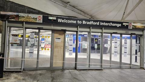 The entrance to Bradford Interchange bus station with tape across the front