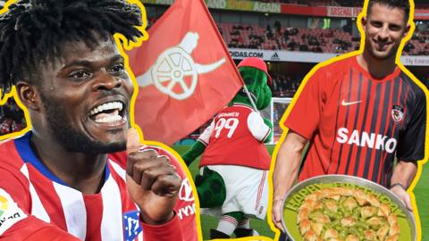 Collage of Thomas Partey, Gunnersaurus and Kevin Mirallas