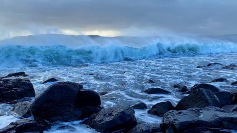 Waves crashing near Rathlin Island on Saturday