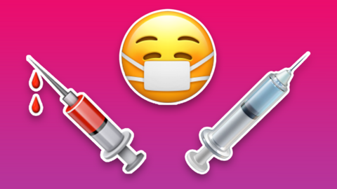 A composite illustration shows left, a bloody syringe, centre, a masked smiling emoticon, and right, a new non-blood-filled syringe, against a red gradient background