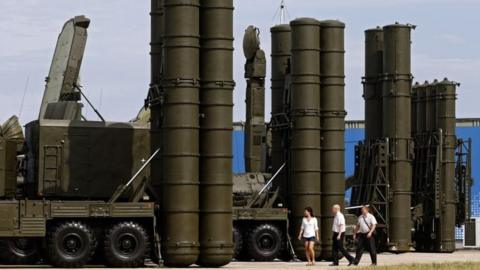 Russian anti-aicraft missile systems S-300 (R) and S-400 (L) on display at military industrial exhibition