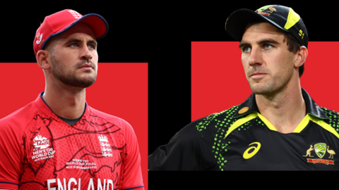 Split image of Alex Hales in England kit (left) and Pat Cummins of Australia (right)