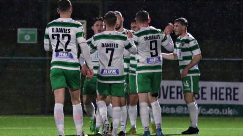 New Saints players celebrate a goal