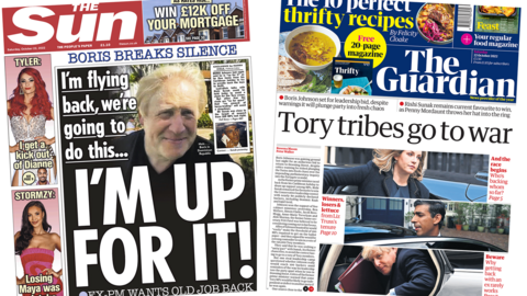 The headline in the Sun reads 'I'm up for it!' and the headline in the Guardian reads 'Tory tribes go to war'