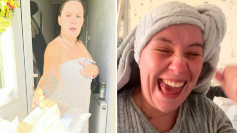 Ellie is pictured, looking awkward, standing at her front door while holding two parcels dressed only in a grey towel