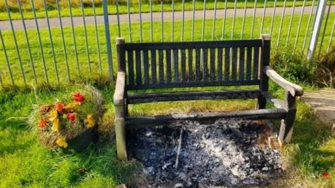 The burnt bench at Cadbury Heath FC in Bristol