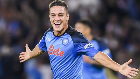 Giacomo Raspadori of SSC Napoli celebrates scoring against Ajax in the Champions League