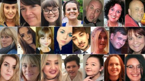 Top (left to right): Lisa Lees, Alison Howe, Georgina Callender, Kelly Brewster, John Atkinson, Jane Tweddle, Marcin Klis - Middle (left to right): Angelika Klis, Courtney Boyle, Saffie Roussos, Olivia Campbell-Hardy, Martyn Hett, Michelle Kiss, Philip Tron, Elaine McIver - Bottom (left to right): Eilidh MacLeod, Wendy Fawell, Chloe Rutherford, Liam Allen-Curry, Sorrell Leczkowski, Megan Hurley, Nell Jones