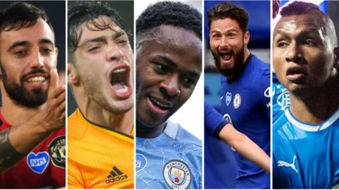 Manchester United's Bruno Fernandes (left), Raul Jimenez of Wolves, Manchester City's Raheem Sterling, Olivier Giroud of Chelsea and Alfredo Morelos of Rangers