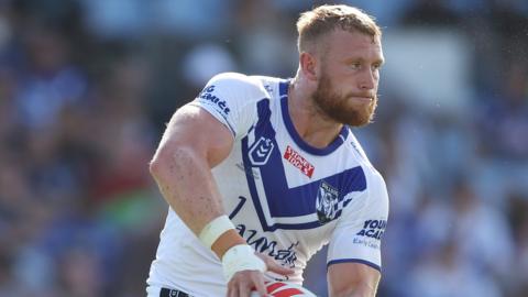 Luke Thompson passes the ball for Canterbury Bulldogs in a pre-season trial