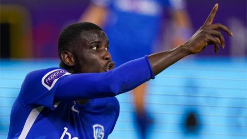 Nigeria striker Paul Onuachu celebrates a goal for Belgian club KRC Genk