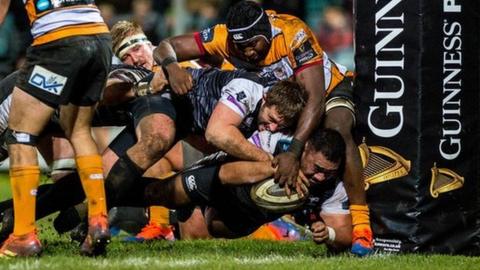 Ma'afu Fia of Ospreys crosses the line to score a try