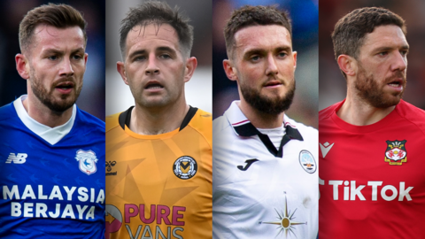 Cardiff City's Joe Ralls, Newport County's Matty Dolan, Swansea City's Matt Grimes and Ben Tozer of Wrexham