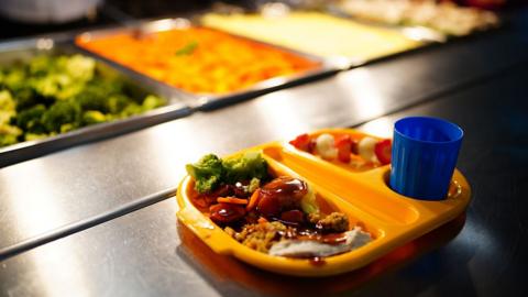 A school meal in an orange tray with vegetables and meat in one side and strawberries in the other side and a blue plastic cup. In the background are containers with food in