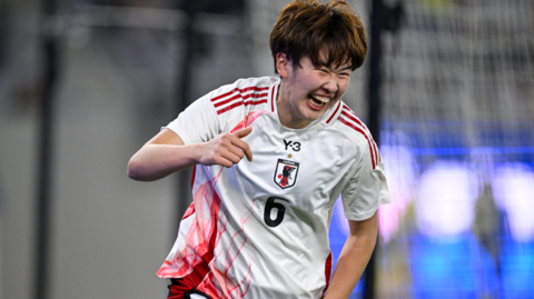 Japan's Toko Koga celebrates scoring the teams' second goal against the United States in the 2025 SheBelieves Cup