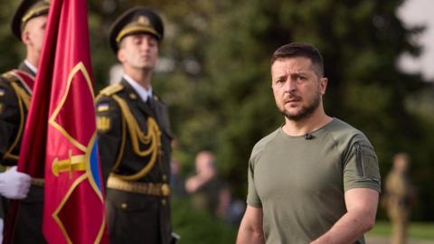 Ukraine's President Volodymyr Zelenskiy attends a raising ceremony of the country's biggest national flag to mark the Day of the State Flag, amid Russia's attack on Ukraine, in Kyiv, Ukraine August 23