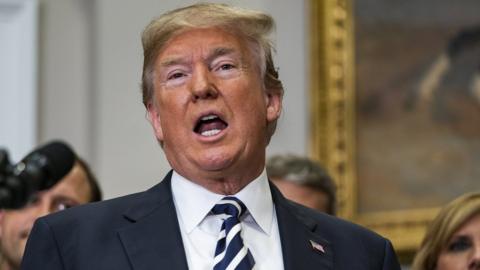 US President Donald J. Trump speaks about his canceling the summit in Singapore with North Korean leader Kim Jong Un in the Roosevelt Room of the White House in Washington, DC, USA on 24 May 2018.