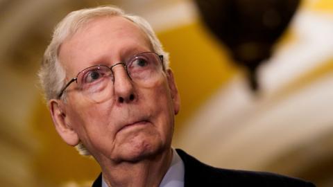 Mitch McConnell listens to a question from a reporter following a meeting at the White House in Washington, U.S., February 27, 2024.
