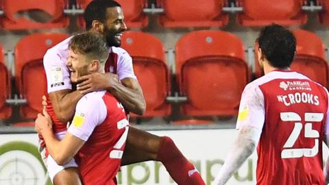 Rotherham players celebrate against Derby