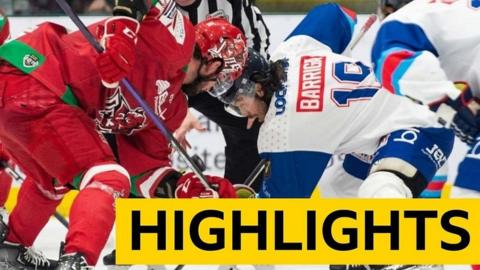 Josh Brittain of Cardiff Devils and Elijiah Barriga of Dundee Stars contest a face-off at Ice Arena Wales