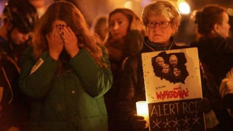 People gathering in front of ruling Law Aand Justice (PiS) party office to protest against abortion ban are seen in Gdansk, Poland, on 1 November 2021