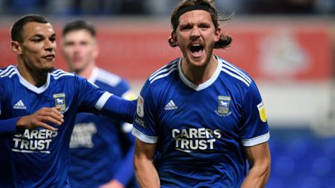 Emyr Huws celebrates his winner for Ipswich