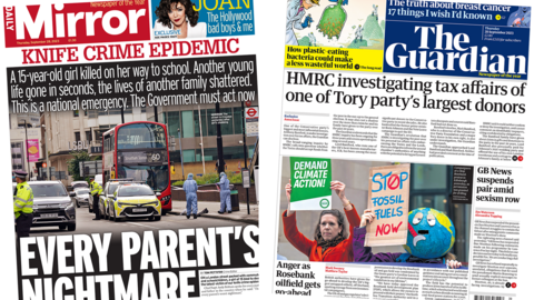 The headline in the Mirror reads, "Knife crime epidemic: Every parent's nightmare", while the headline in the Guardian reads, "HMRC investigating tax affairs of one of Tory party's largest donors"