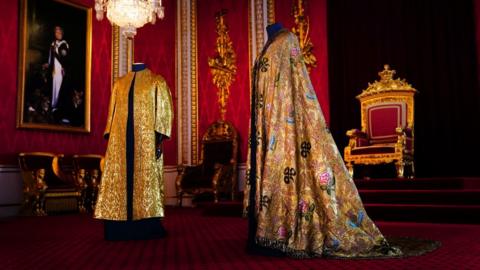 The Coronation Vestments, comprising of the Supertunica (left) and the Imperial Mantle (right)