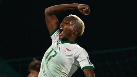 Racheal Kundananji celebrates scoring for Zambia against Costa Rica at the 2023 Women's World Cup