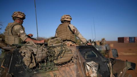 French soldiers on a military vehicle during the visit of the French president in Gao, northern Mali. 13 Jan 2017