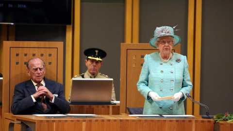 Prince Philip and the Queen in the Senedd in 2016