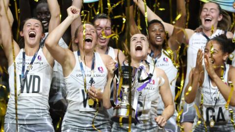 Loughborough Lightning celebrate winning their second netball Super League title