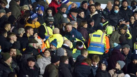 Play is stopped for a medical emergency in the stands during the match at Ewood Park