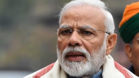 In this file photo taken on January 31, 2019 Indian Prime Minister Narendra Modi addresses the media after his arrival at parliament for a budget session in New Delhi