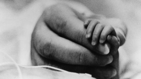 A file photo of a parent holding the hand of a newborn baby