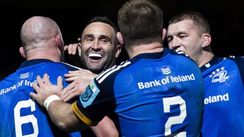 Leinster players celebrate Rhys Ruddock's try against Dragons