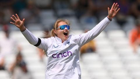 Sophie Ecclestone celebrates a wicket for England