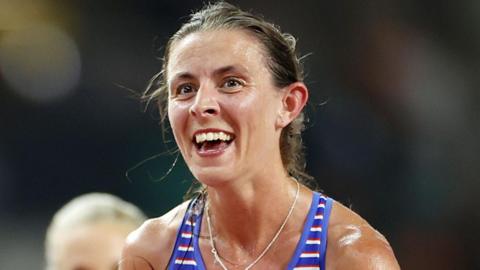 Great Britain's Jess Warner Judd smiles after finishing eighth in the women's 10,000m final at the 2023 World Athletics Championships in Budapest