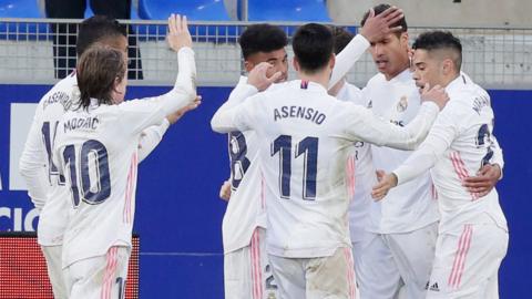 Real Madrid's players celebrate scoring against Huesca