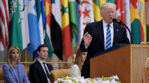 US President Donald Trump speaks during the Arabic Islamic American Summit at the King Abdulaziz Conference Center in Riyadh on May 21, 2017.